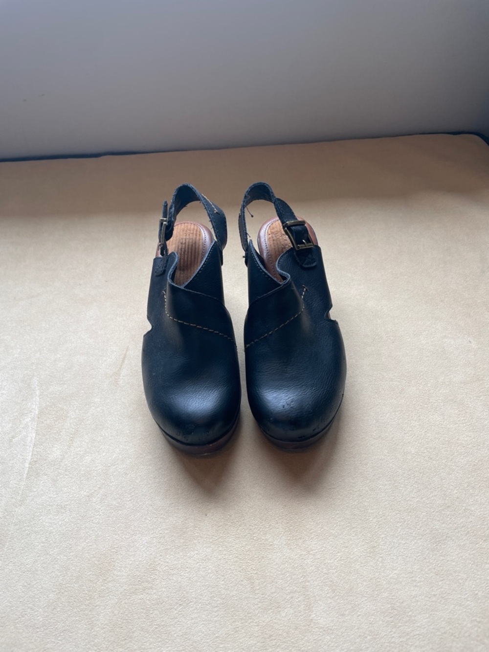 boc Black Leather Slingback Clogs with Buckle